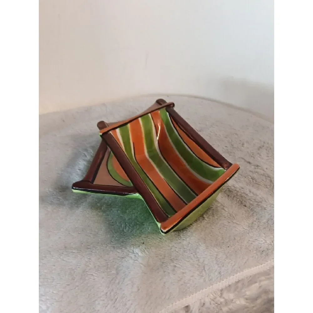 CLAY ART Green Glazed Ceramic Beachy Snack Tray / Trinket Dish